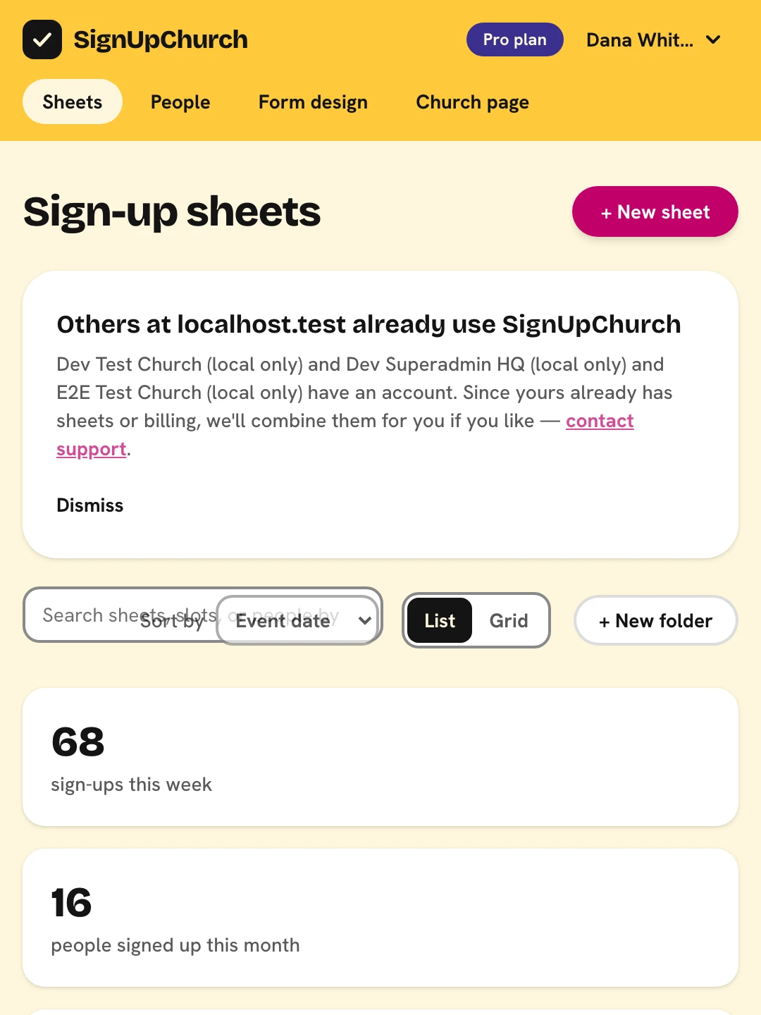 The dashboard: sheets grouped under named folders, each card with its date, how full it is, and Archive and Folder controls, with search, sort, and view switches above.