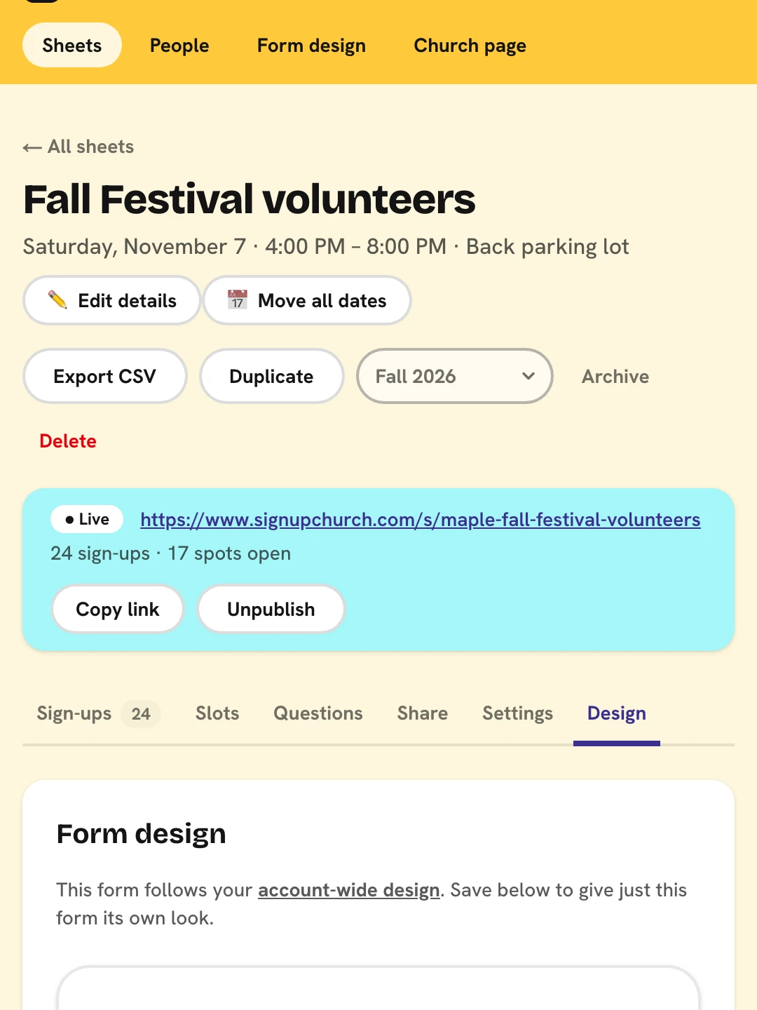 A sheet's Design tab: font, spacing, and color pickers, a logo upload, and a live preview of the public form in the church's colors.