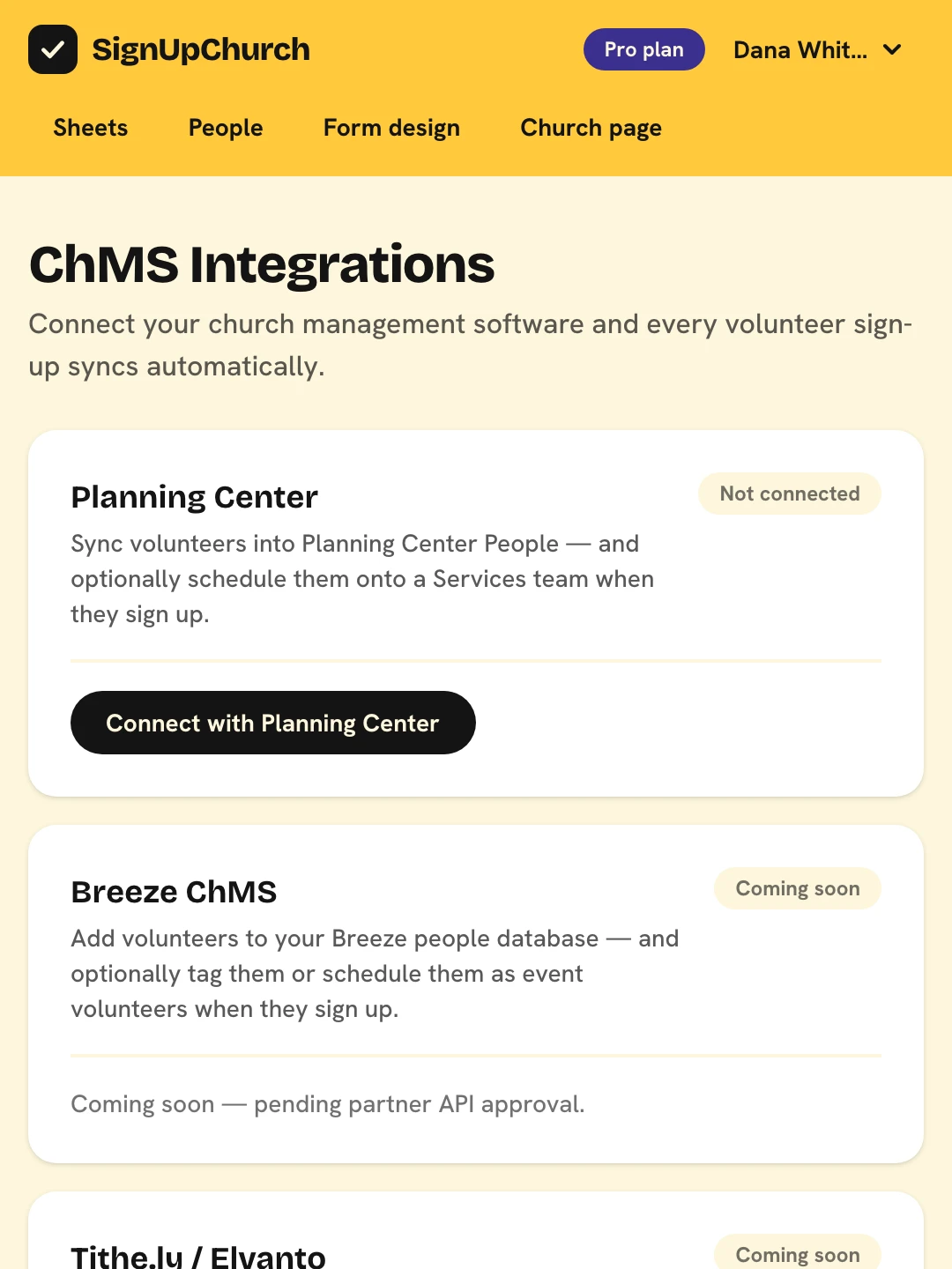 The ChMS Integrations page: cards for Planning Center, Church Community Builder, and MinistryPlatform with Connect buttons, and the Slack card.