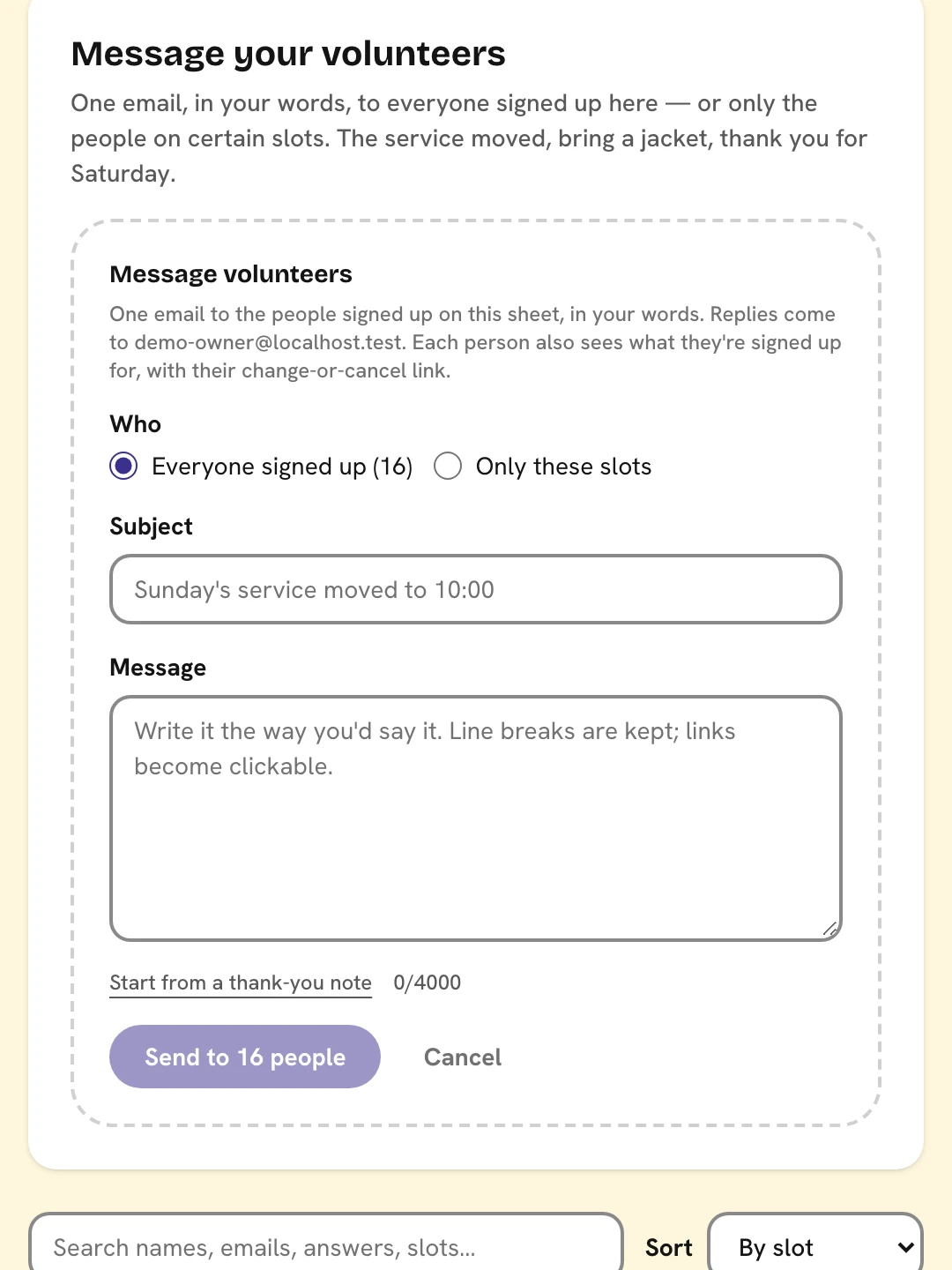 The Message volunteers card open on a sheet's Sign-ups tab: a choice of everyone or only certain slots, a subject, and a message box.