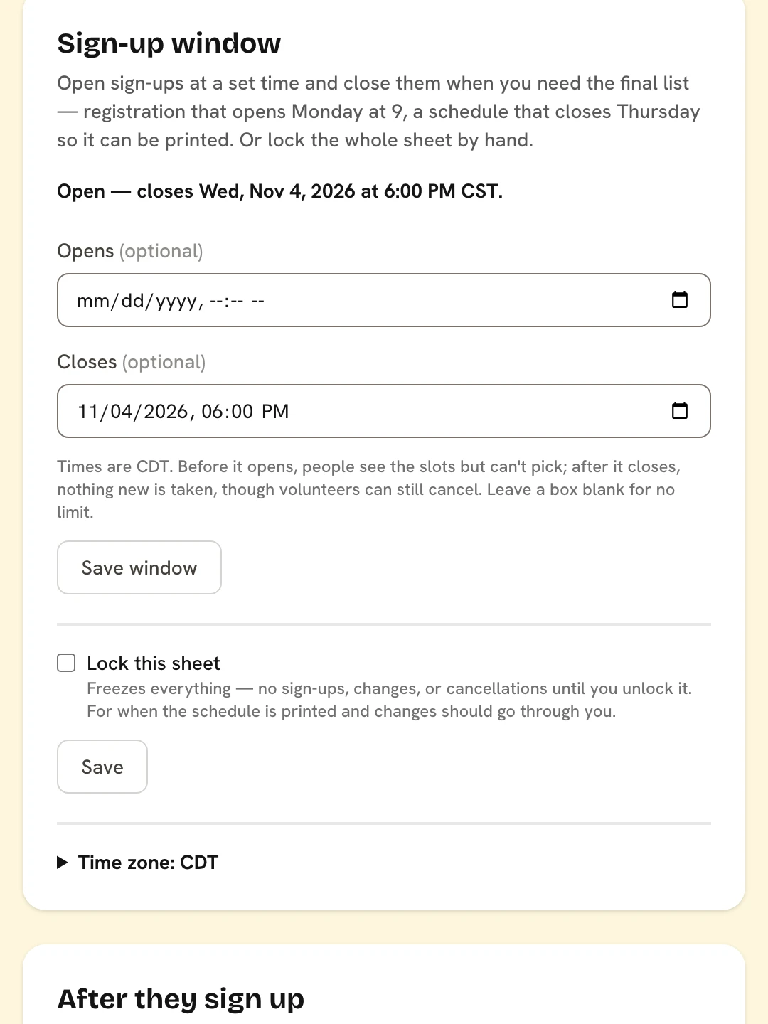 A sheet's Settings tab: the sign-up window card with open and close times, and the cards for reminders, sign-up emails, the waitlist, and swaps.