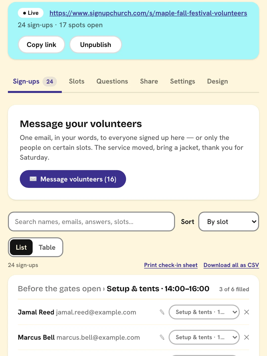 A sheet's Sign-ups tab: everyone signed up in one list grouped by slot, with their contact details and answers, a search box, and sort options.