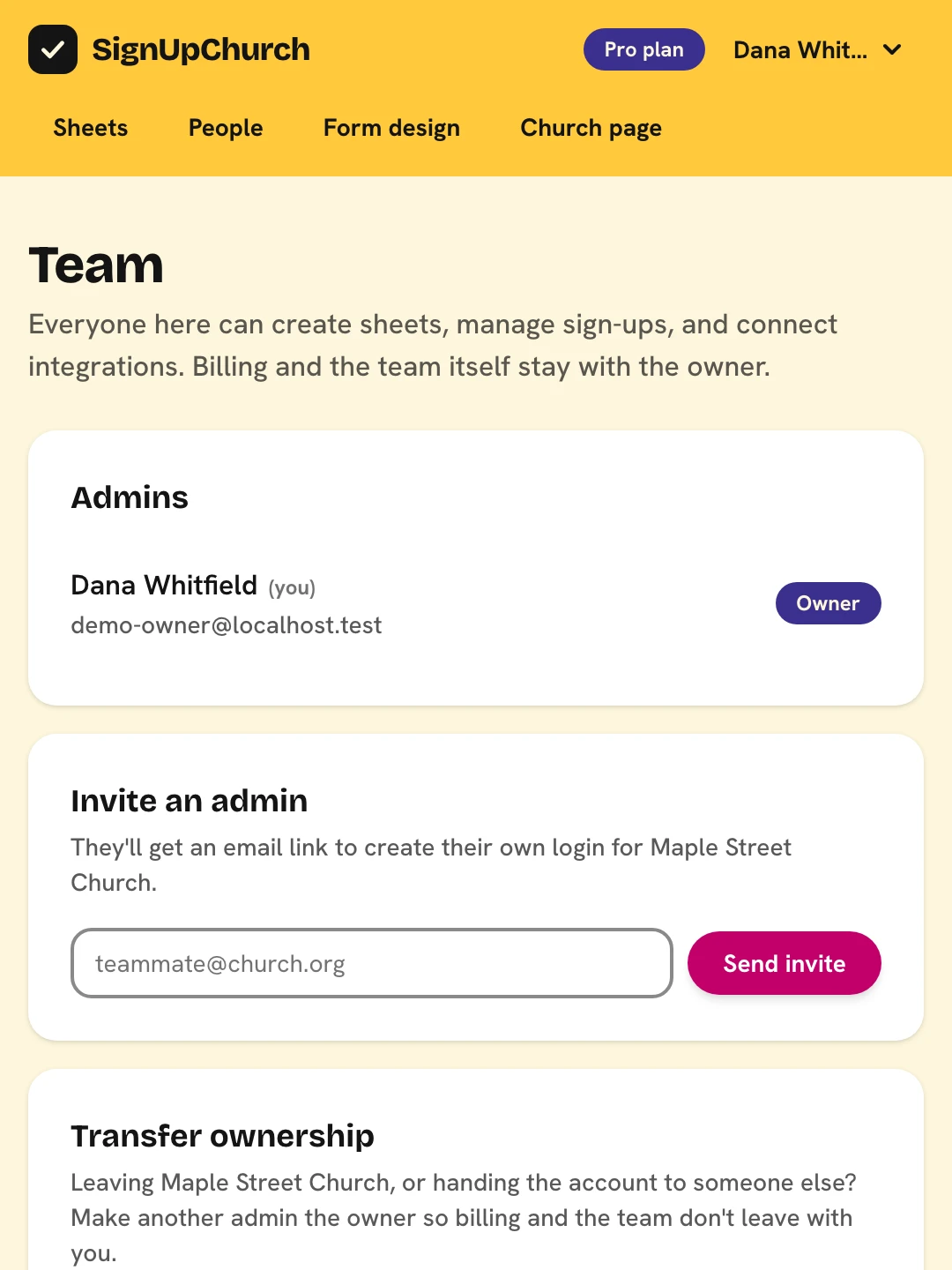 The Team page: the owner and admins listed with their roles, and the Invite an admin form.