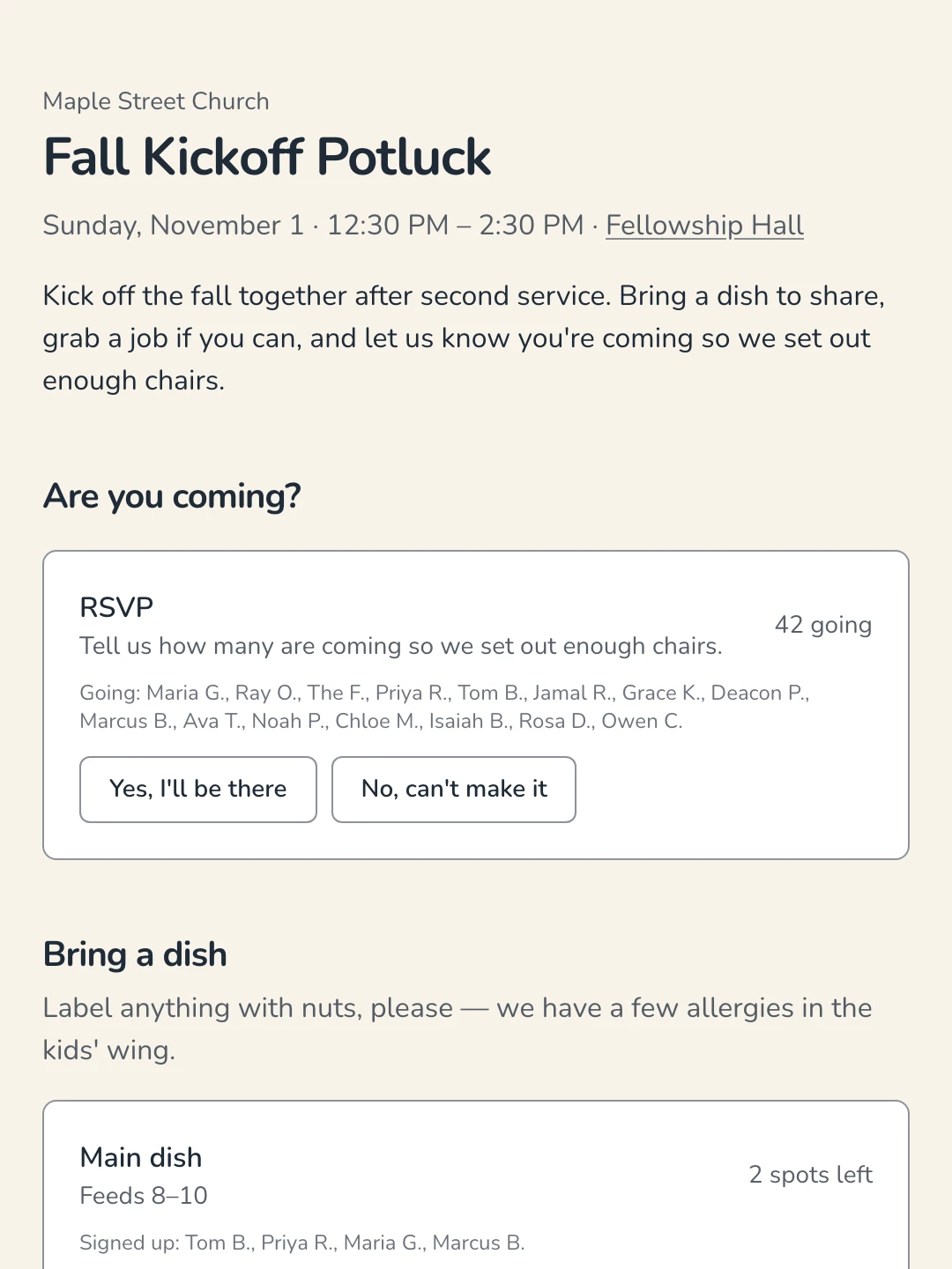 The public sign-up page for a church potluck as a volunteer sees it: the church's colors, an RSVP question, dish spots with who's bringing what, and Sign up buttons.