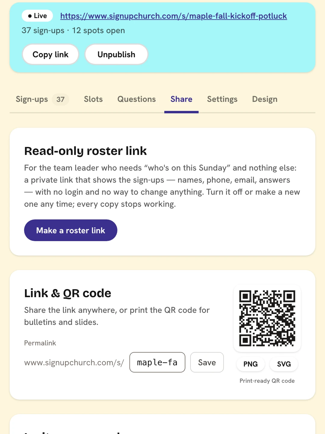 The Share tab of a potluck sheet: the short link with a copy button, a QR code, the embed code, and the Invite your regulars and Last-call cards.